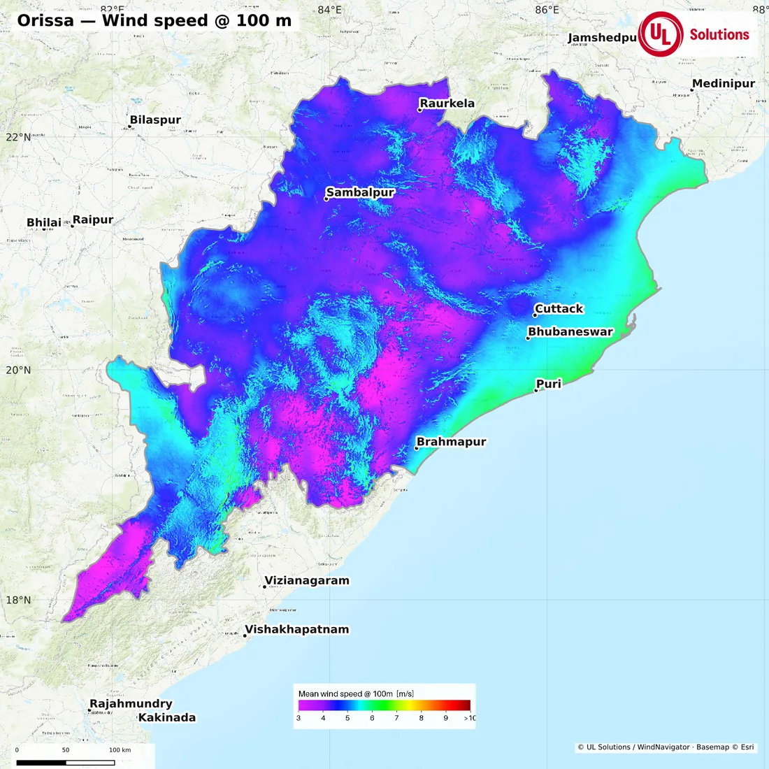Wind speed map of Orissa at 100m hub height