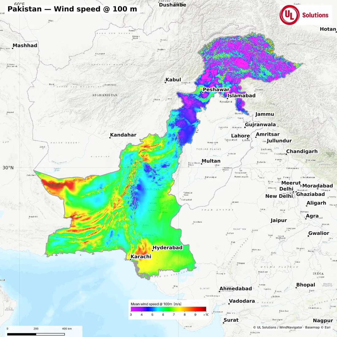 Wind speed map of Pakistan at 100m hub height