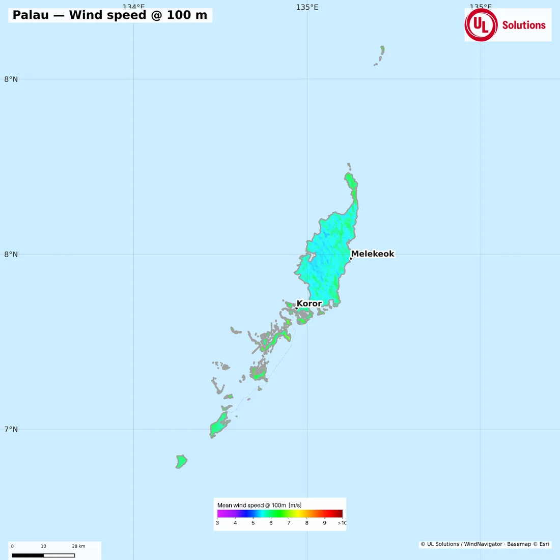 Wind speed map of Palau at 100m hub height