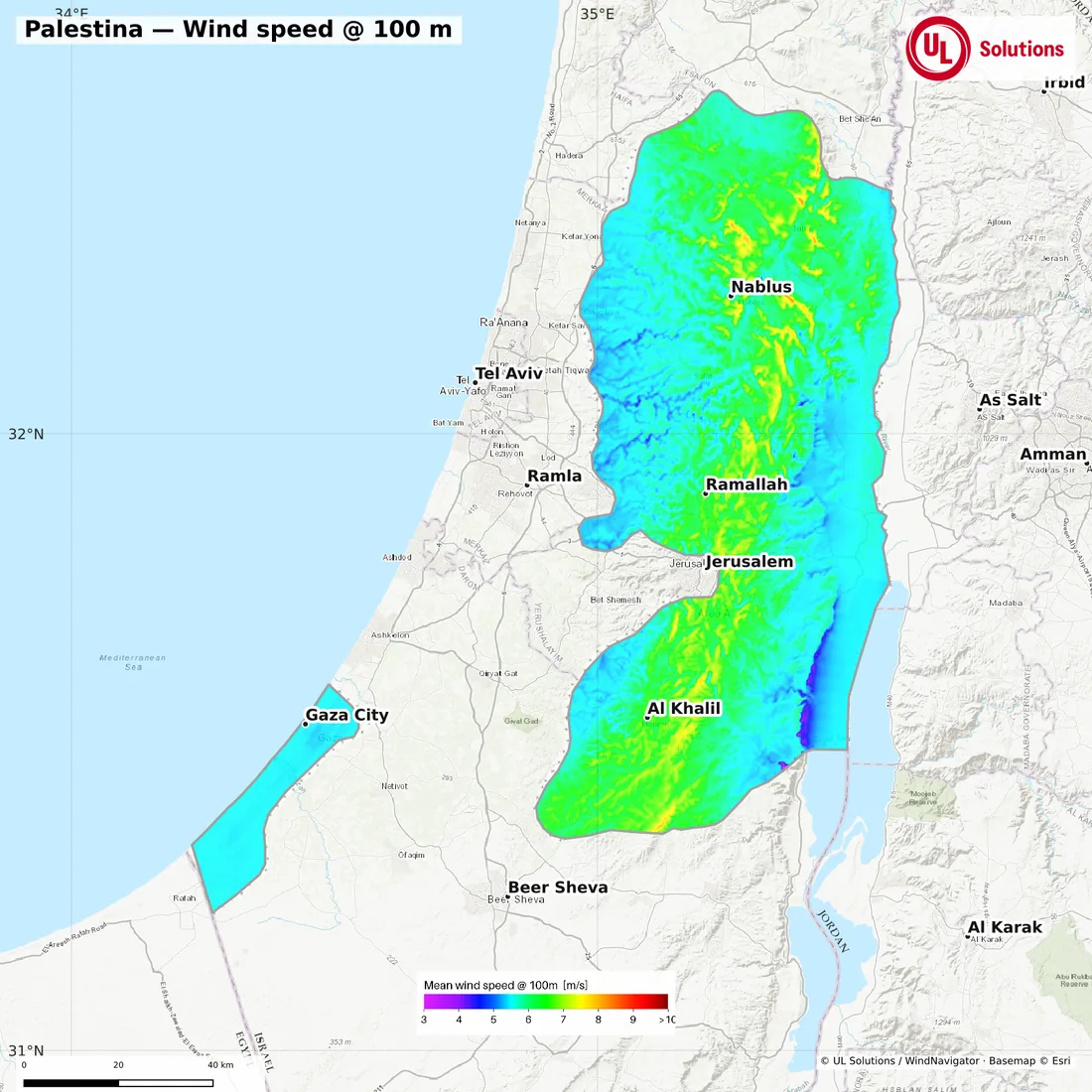 Wind speed map of Palestina at 100m hub height