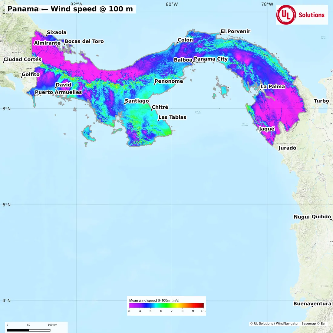 Wind speed map of Panama at 100m hub height