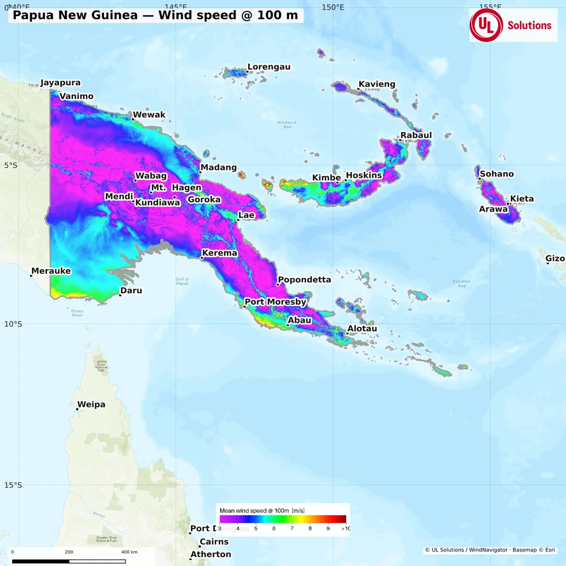 Wind speed map of Papua New Guinea at 100m hub height