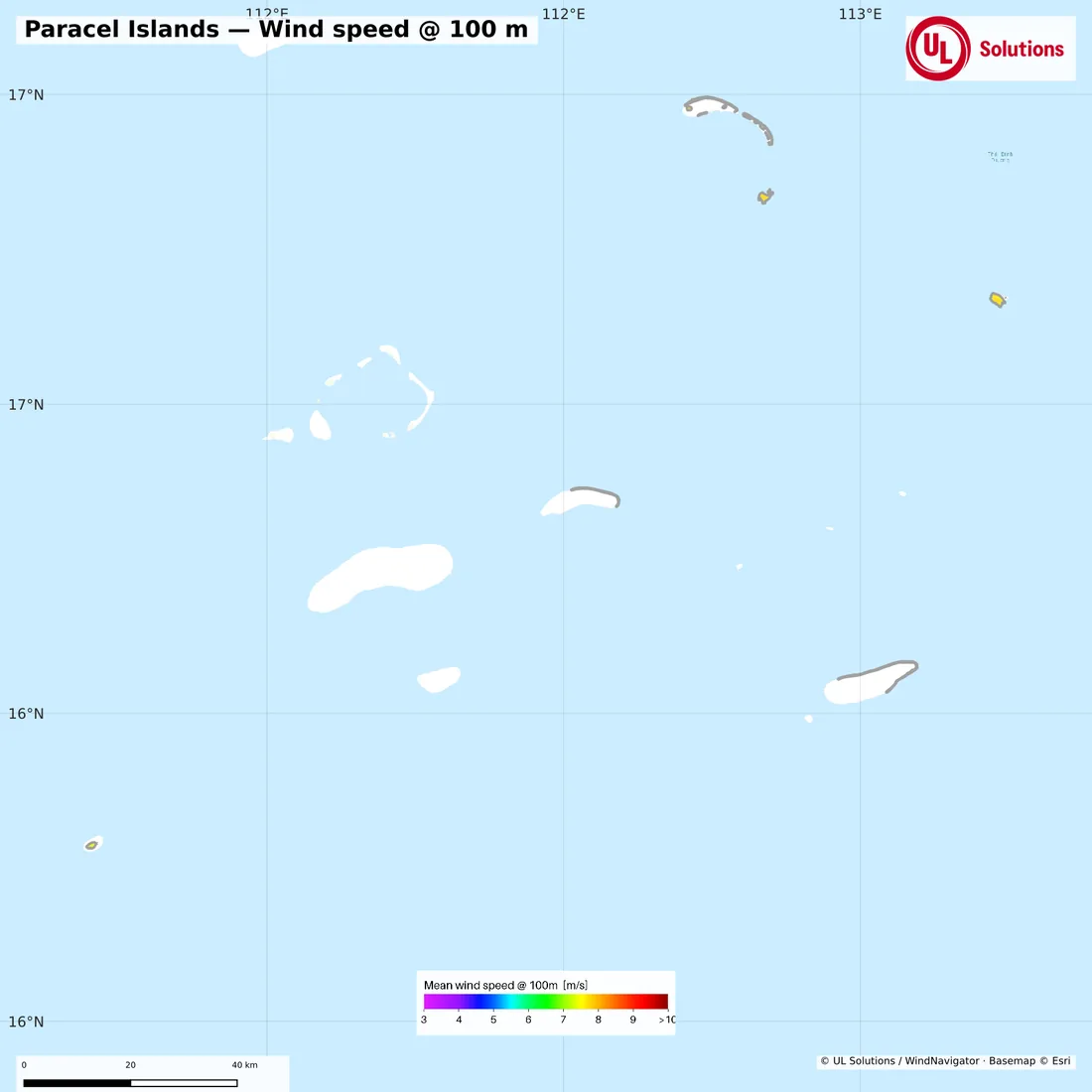 Wind speed map of Paracel Islands at 100m hub height