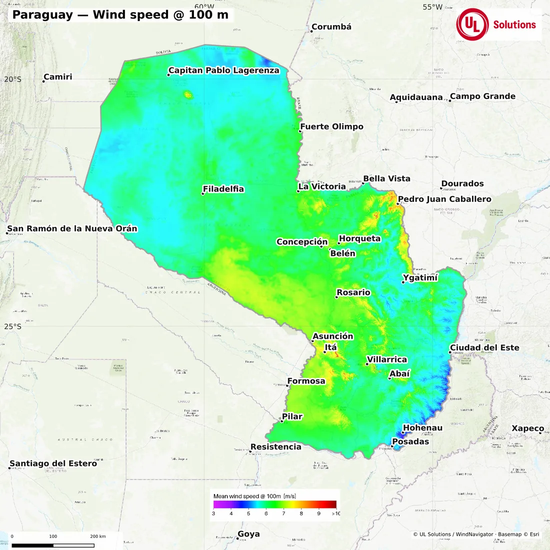 Wind speed map of Paraguay at 100m hub height