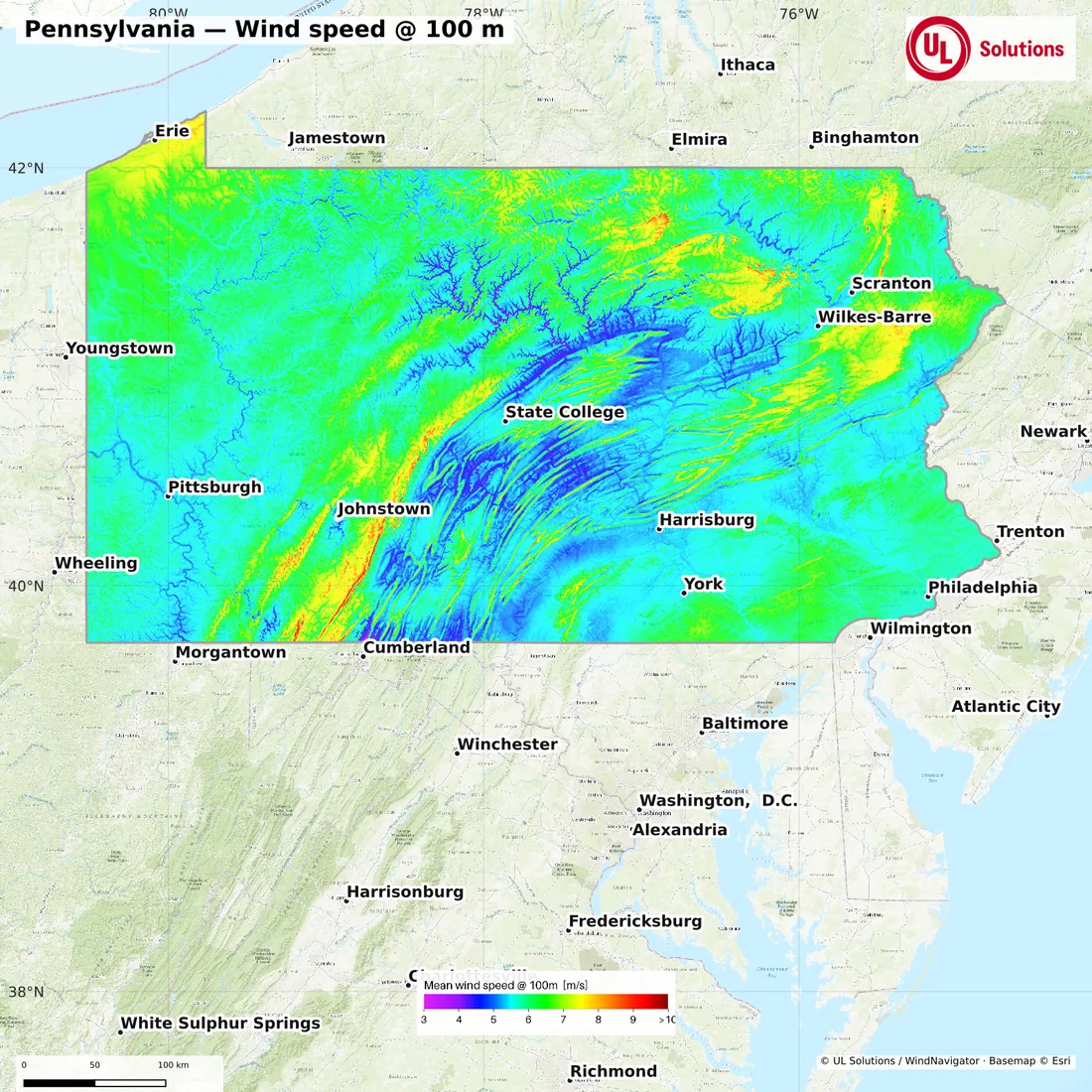 Wind speed map of Pennsylvania at 100m hub height