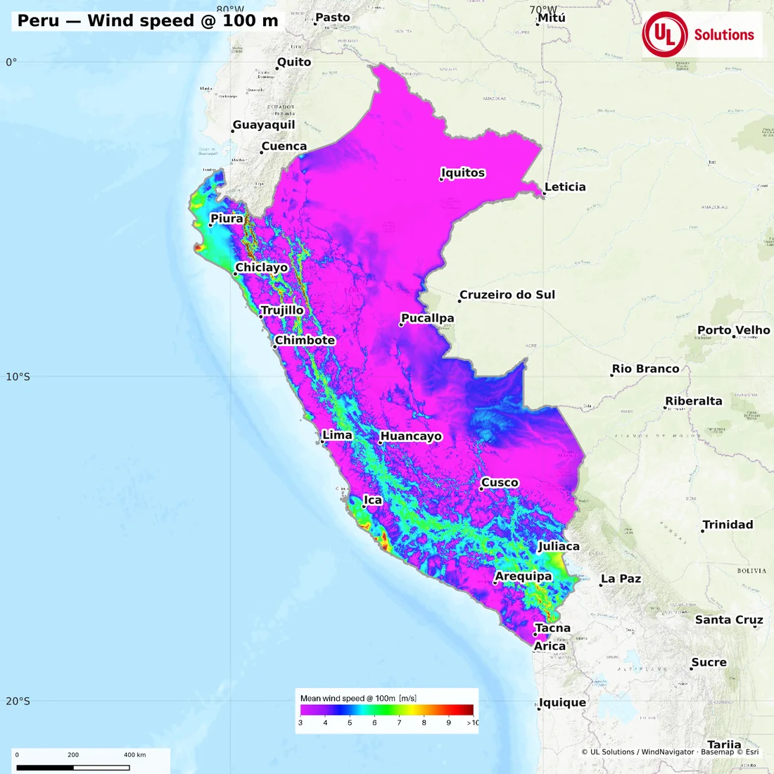 Wind speed map of Peru at 100m hub height