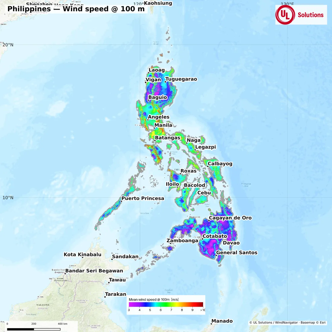 Wind speed map of Philippines at 100m hub height