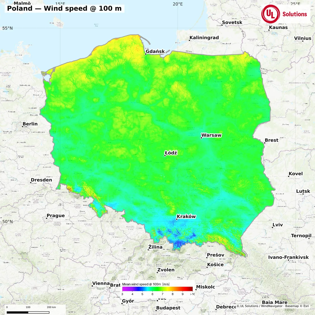 Wind speed map of Poland at 100m hub height