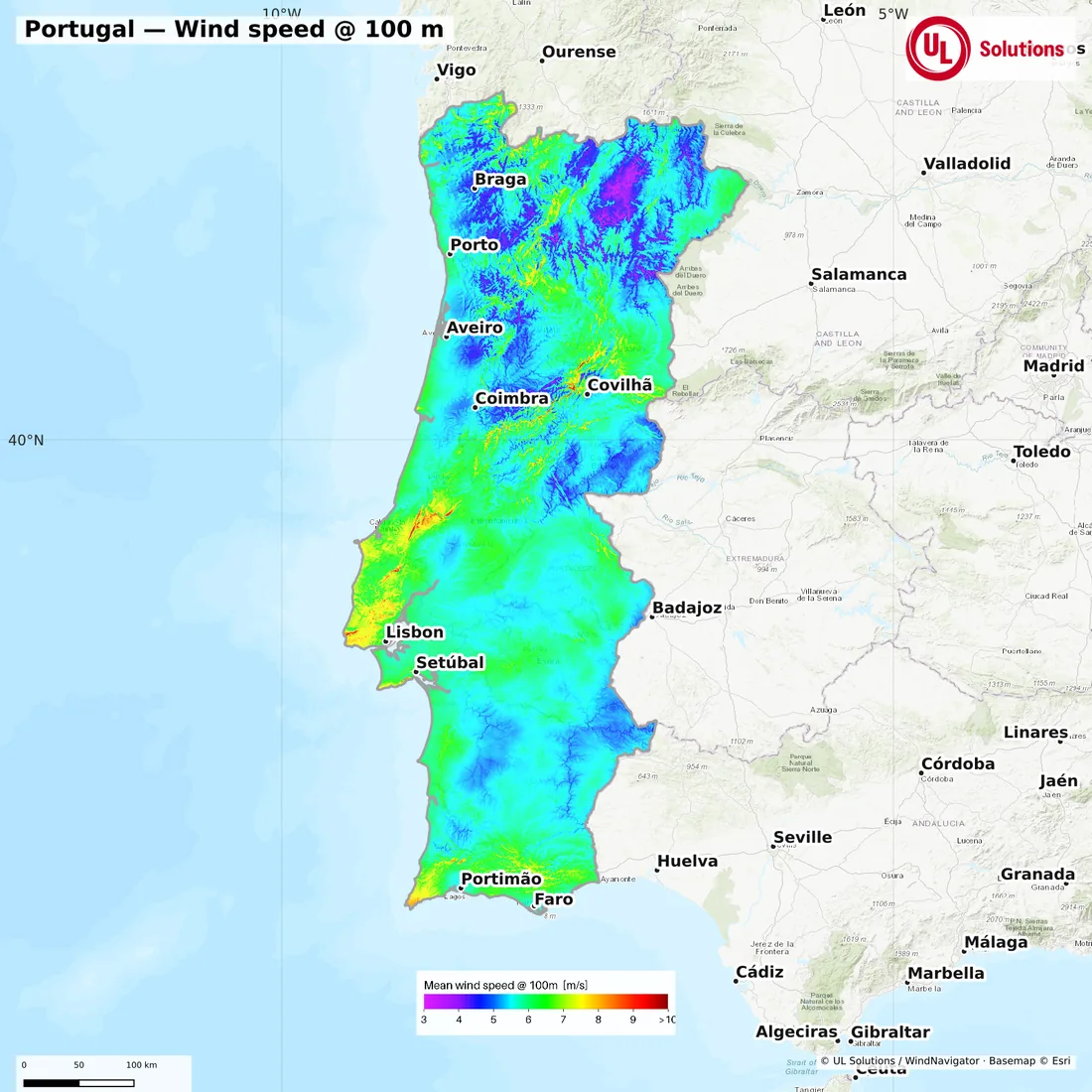 Wind speed map of Portugal at 100m hub height