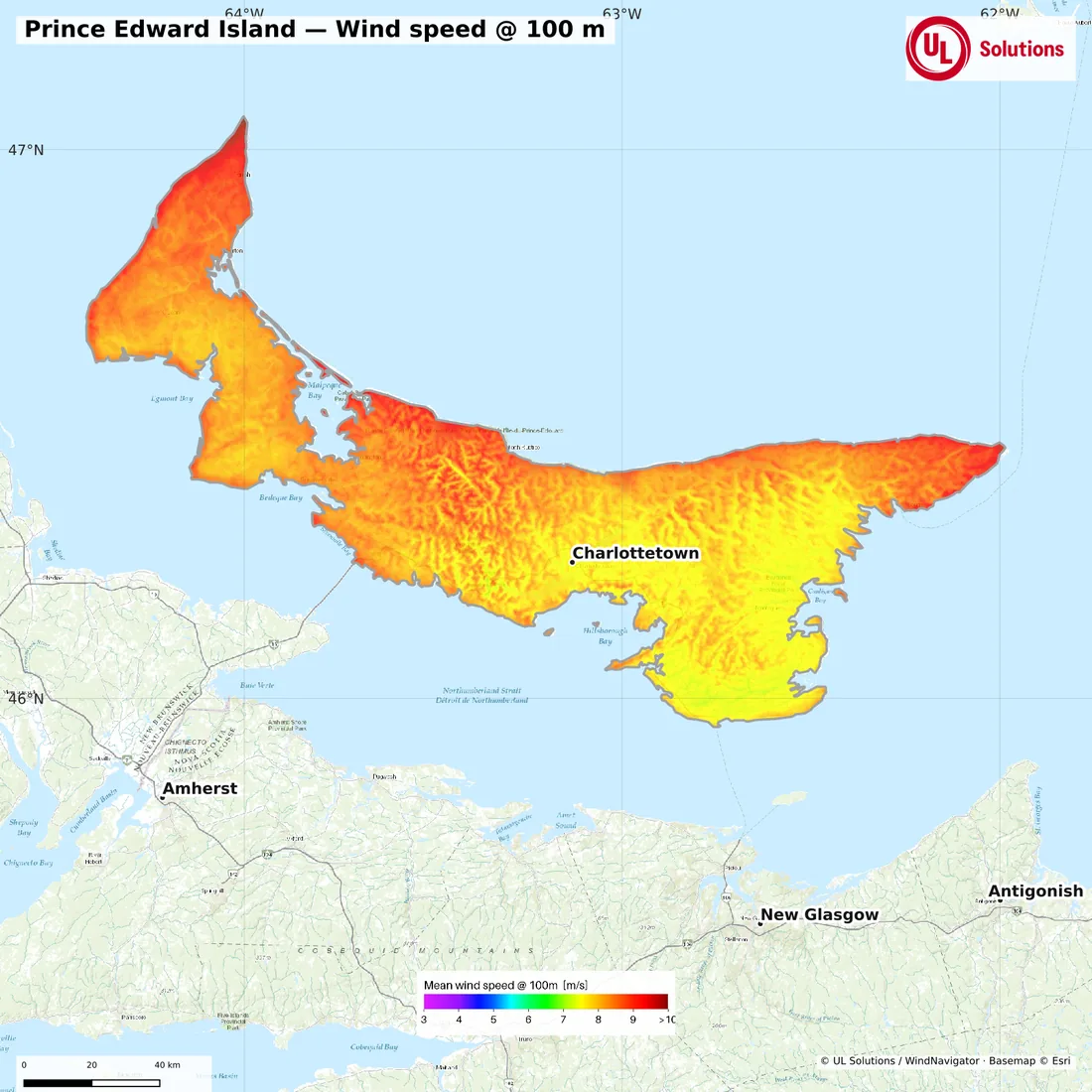 Wind speed map of Prince Edward Island at 100m hub height