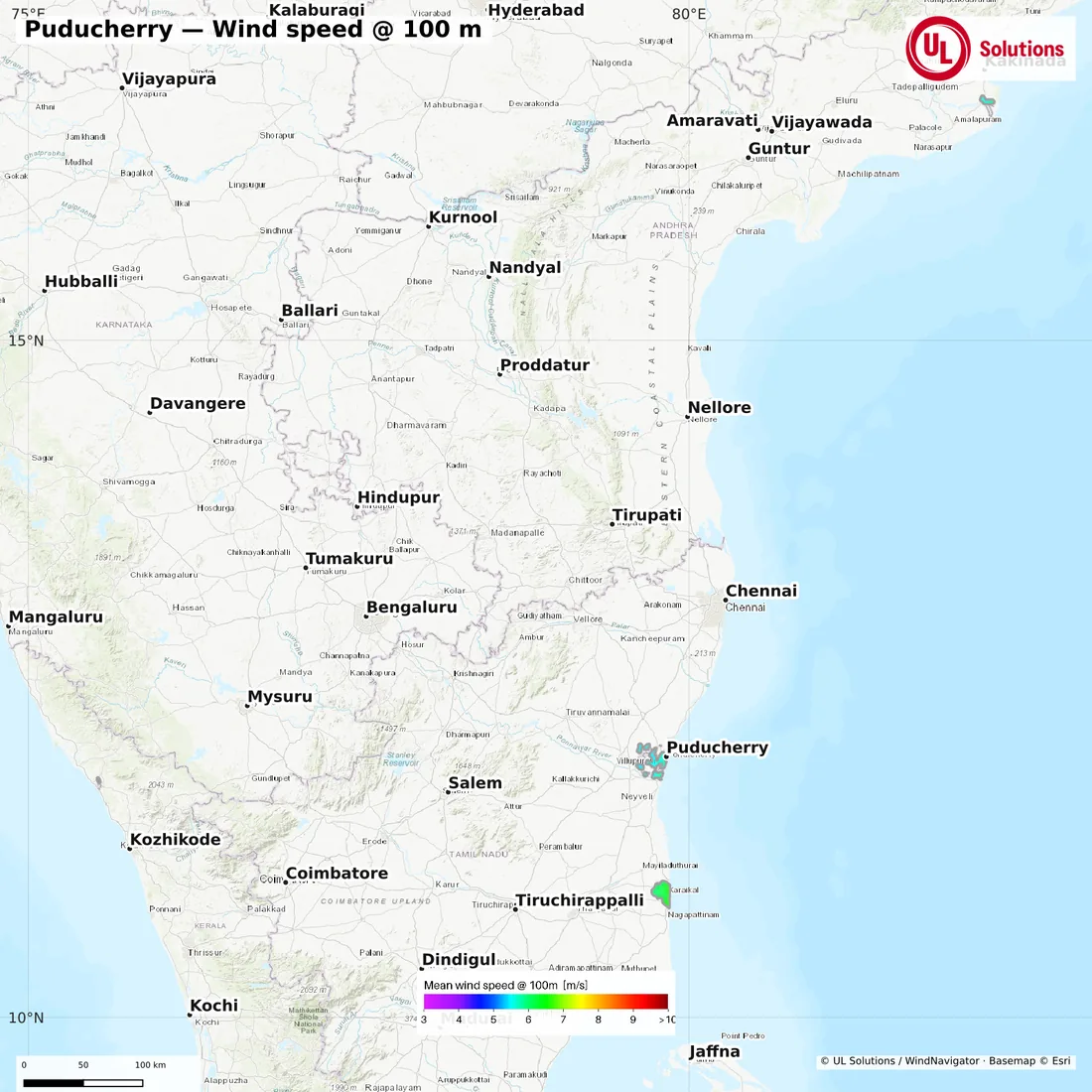 Wind speed map of Puducherry at 100m hub height