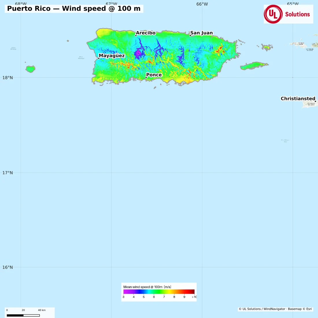Wind speed map of Puerto Rico at 100m hub height