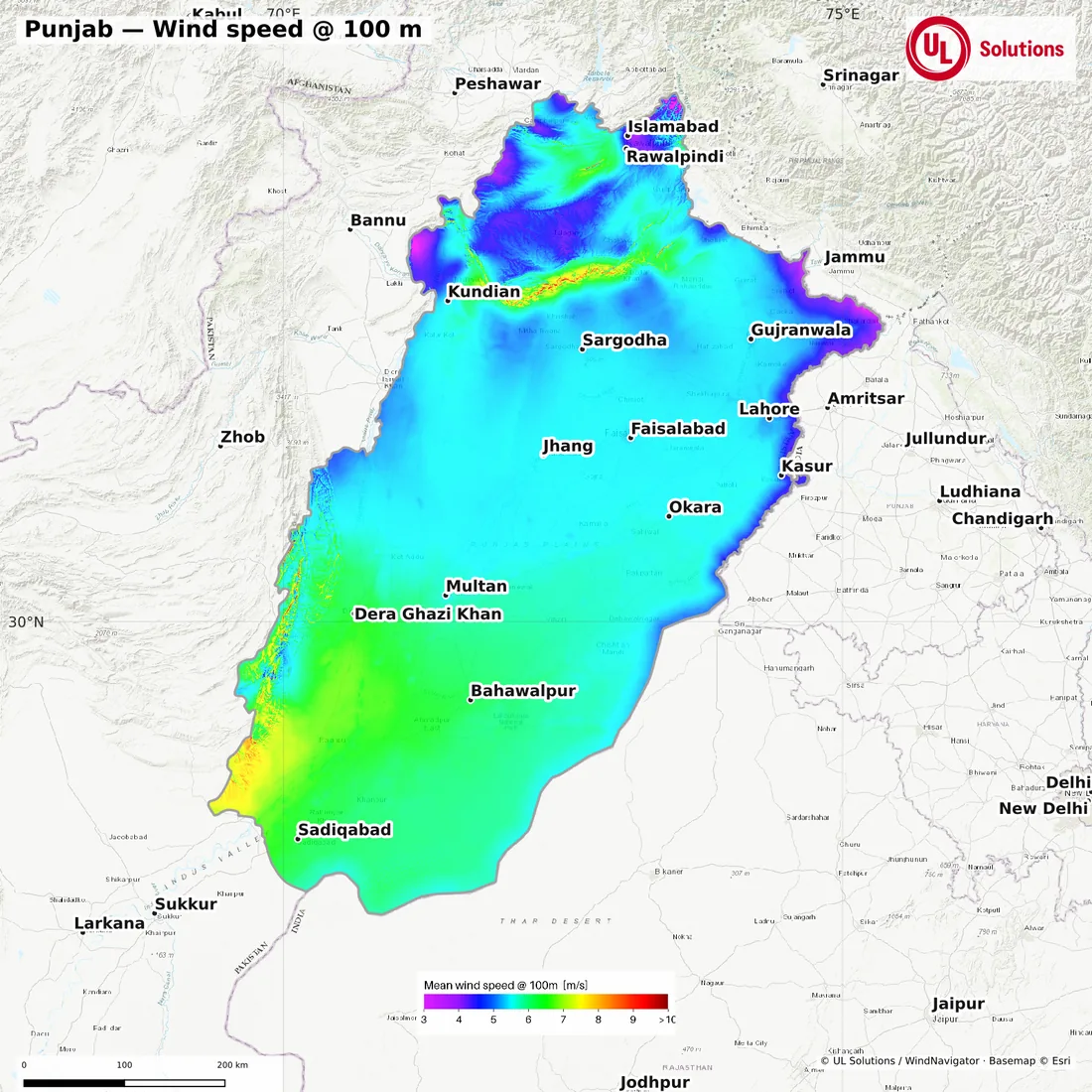 Wind speed map of Punjab at 100m hub height