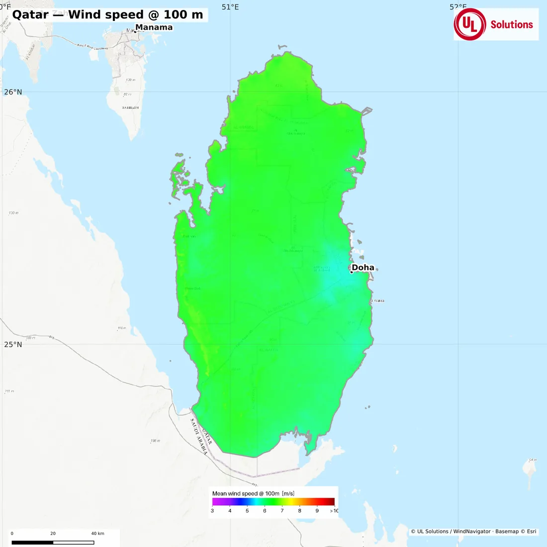 Wind speed map of Qatar at 100m hub height