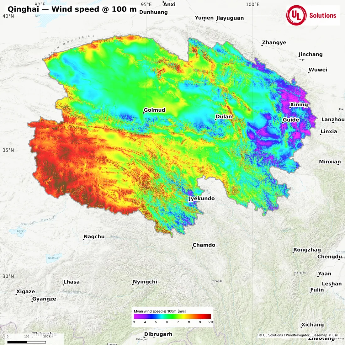 Wind speed map of Qinghai at 100m hub height