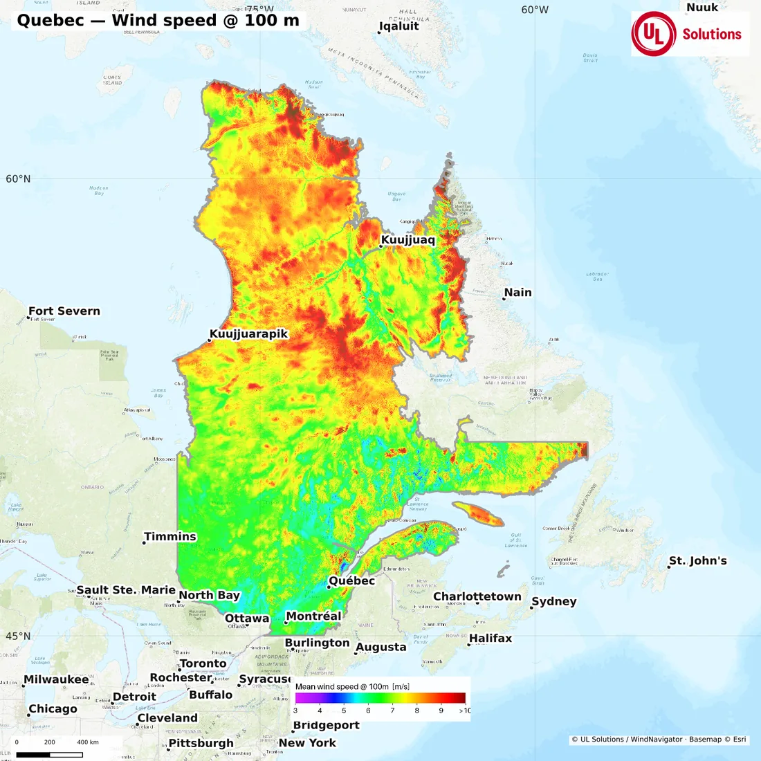 Wind speed map of Quebec at 100m hub height