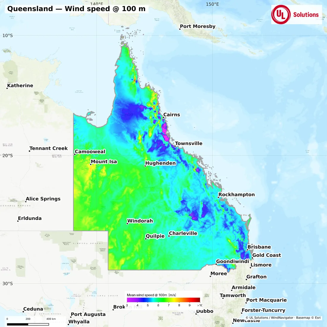 Wind speed map of Queensland at 100m hub height