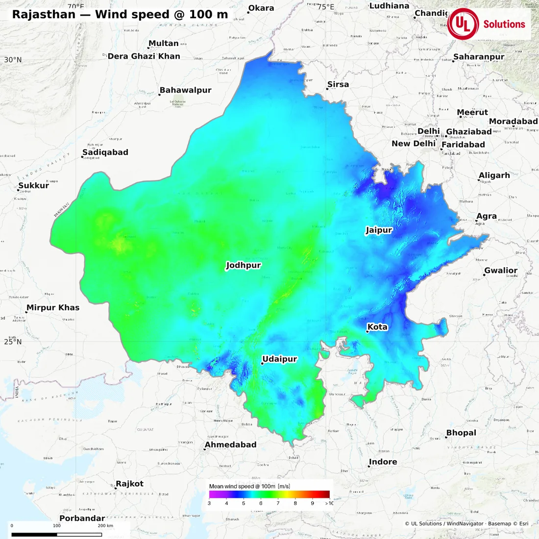 Wind speed map of Rajasthan at 100m hub height