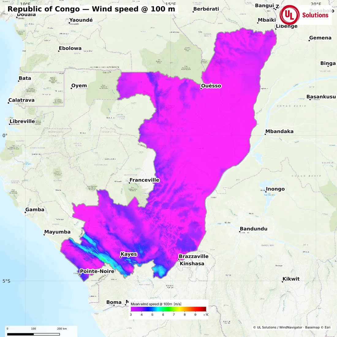 Wind speed map of Republic of Congo at 100m hub height
