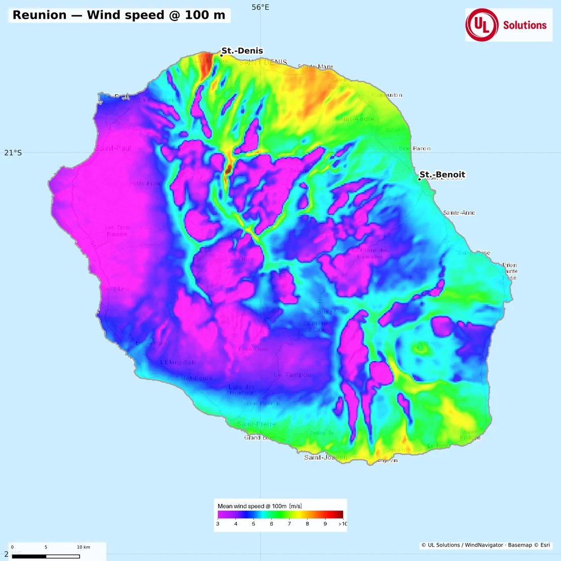 Wind speed map of Reunion at 100m hub height