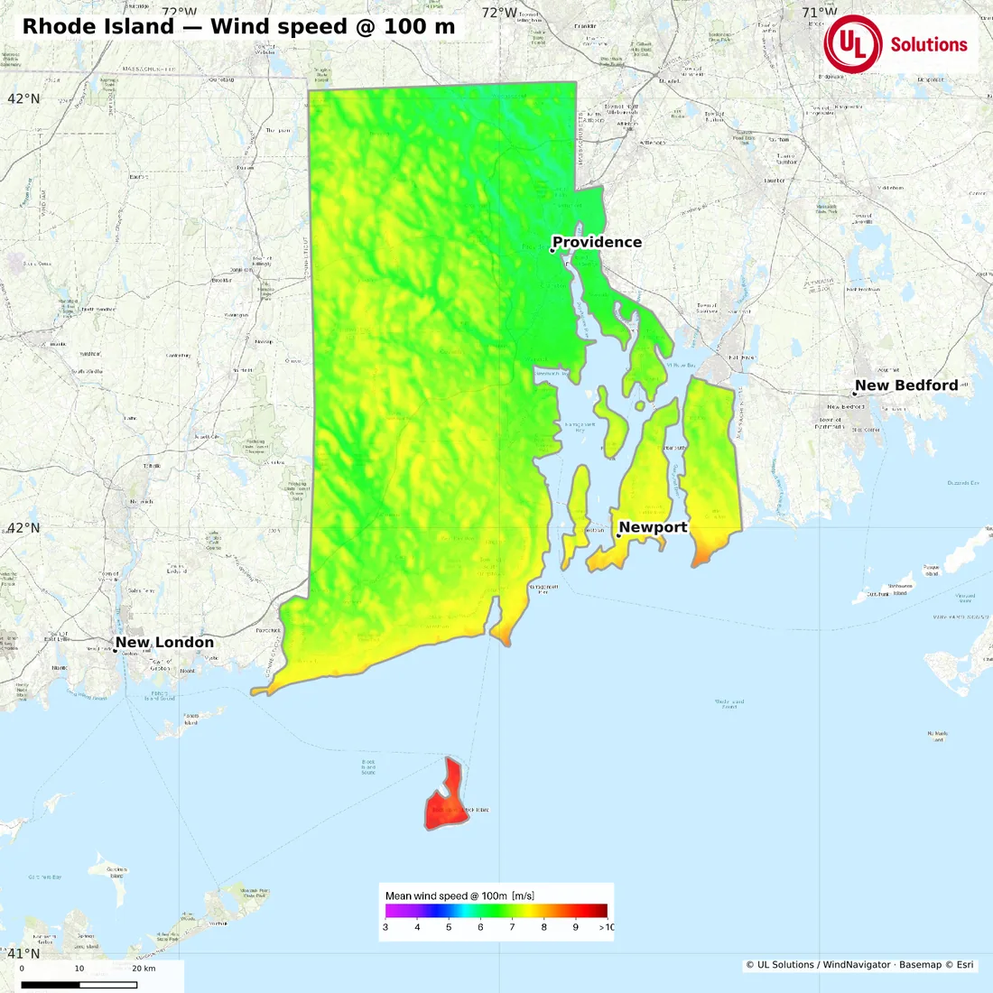 Wind speed map of Rhode Island at 100m hub height