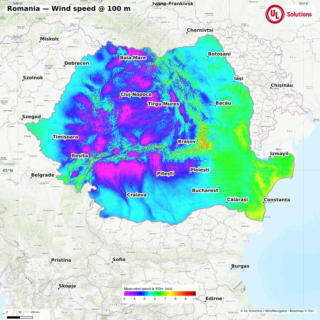 Wind speed map of Romania at 100m hub height