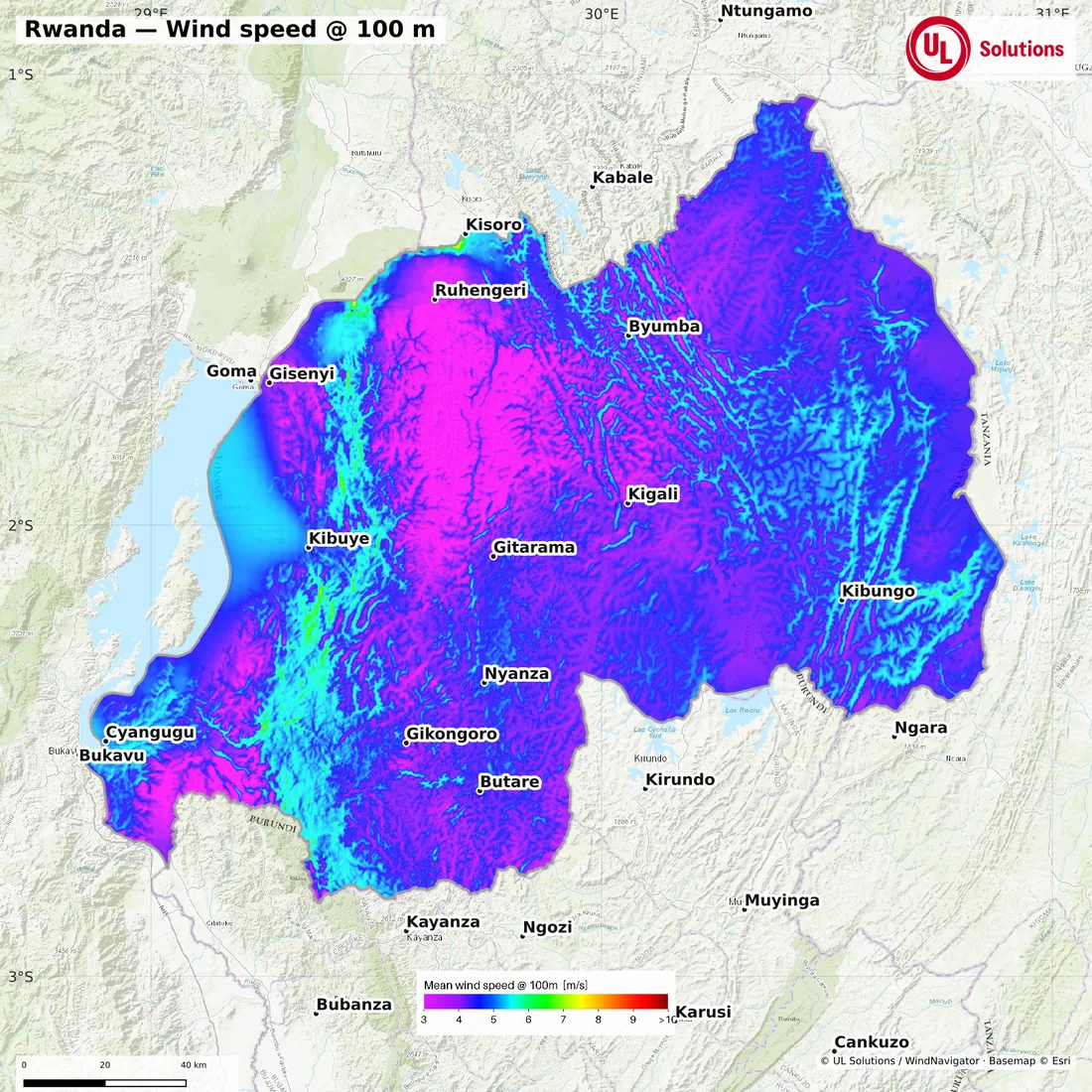Wind speed map of Rwanda at 100m hub height