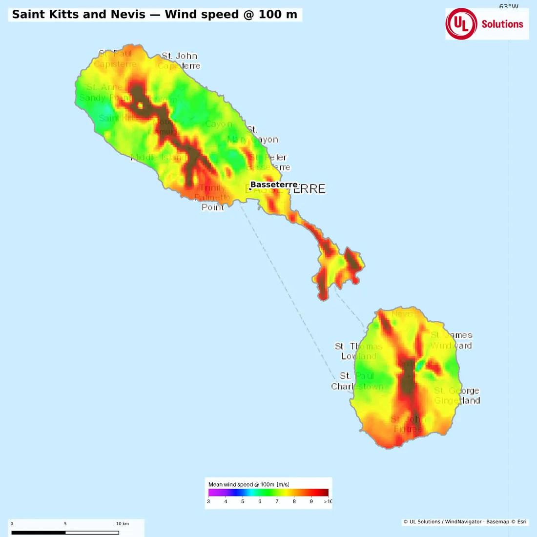 Wind speed map of Saint Kitts and Nevis at 100m hub height