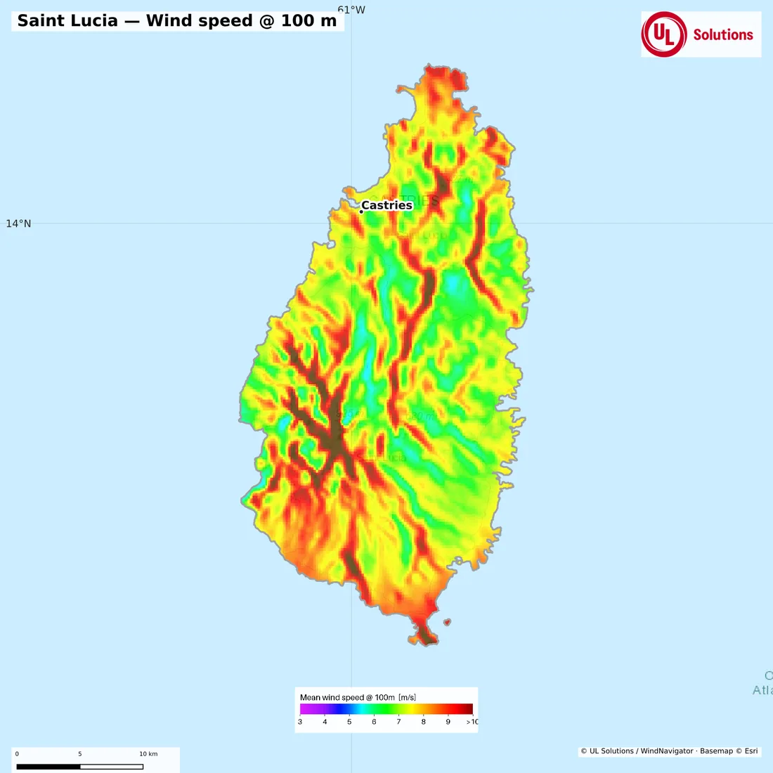 Wind speed map of Saint Lucia at 100m hub height