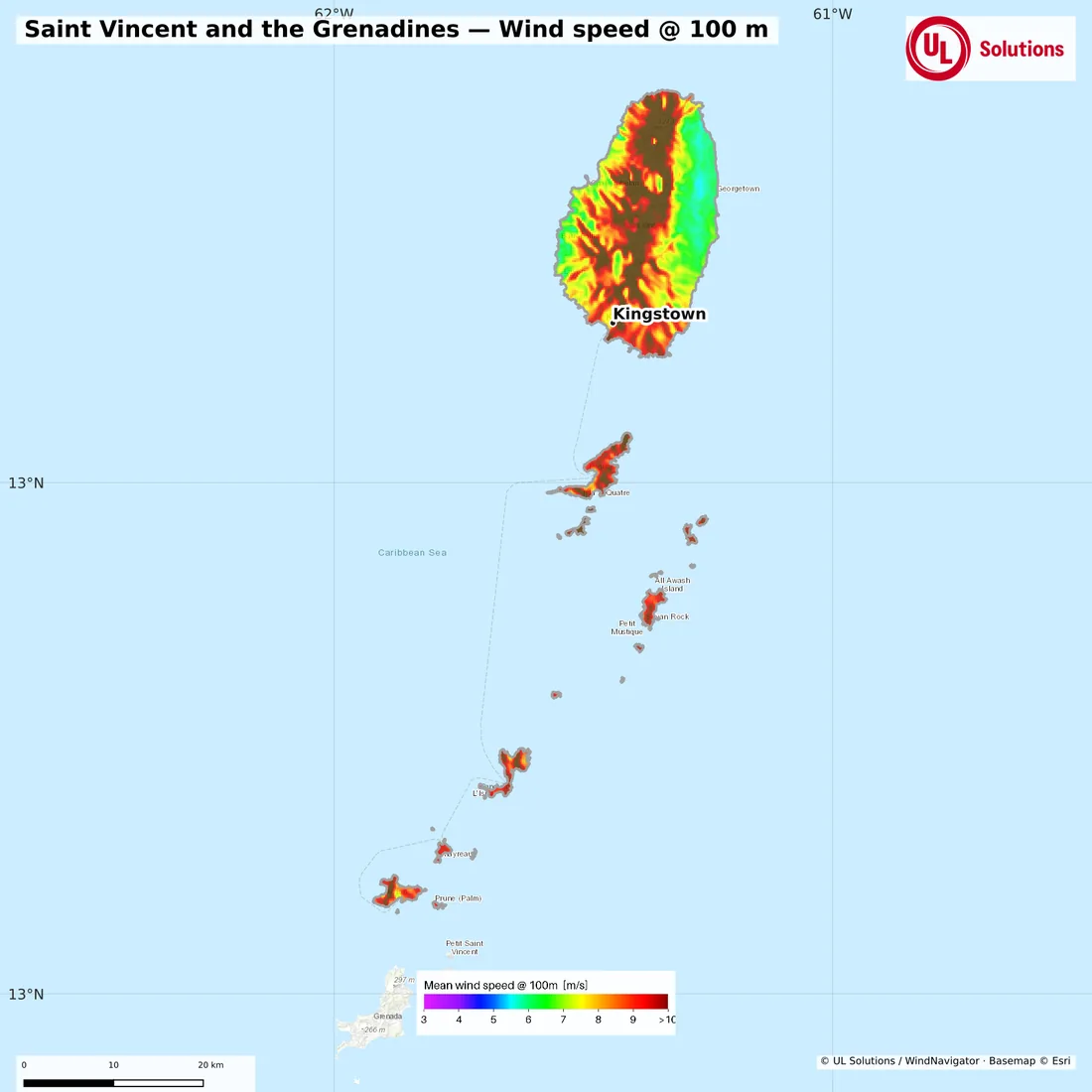 Wind speed map of Saint Vincent and the Grenadines at 100m hub height