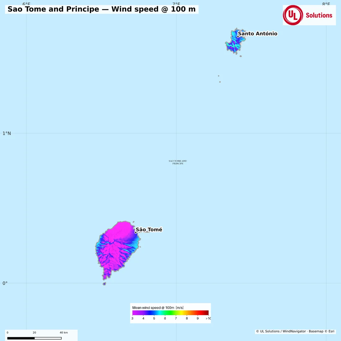 Wind speed map of Sao Tome and Principe at 100m hub height