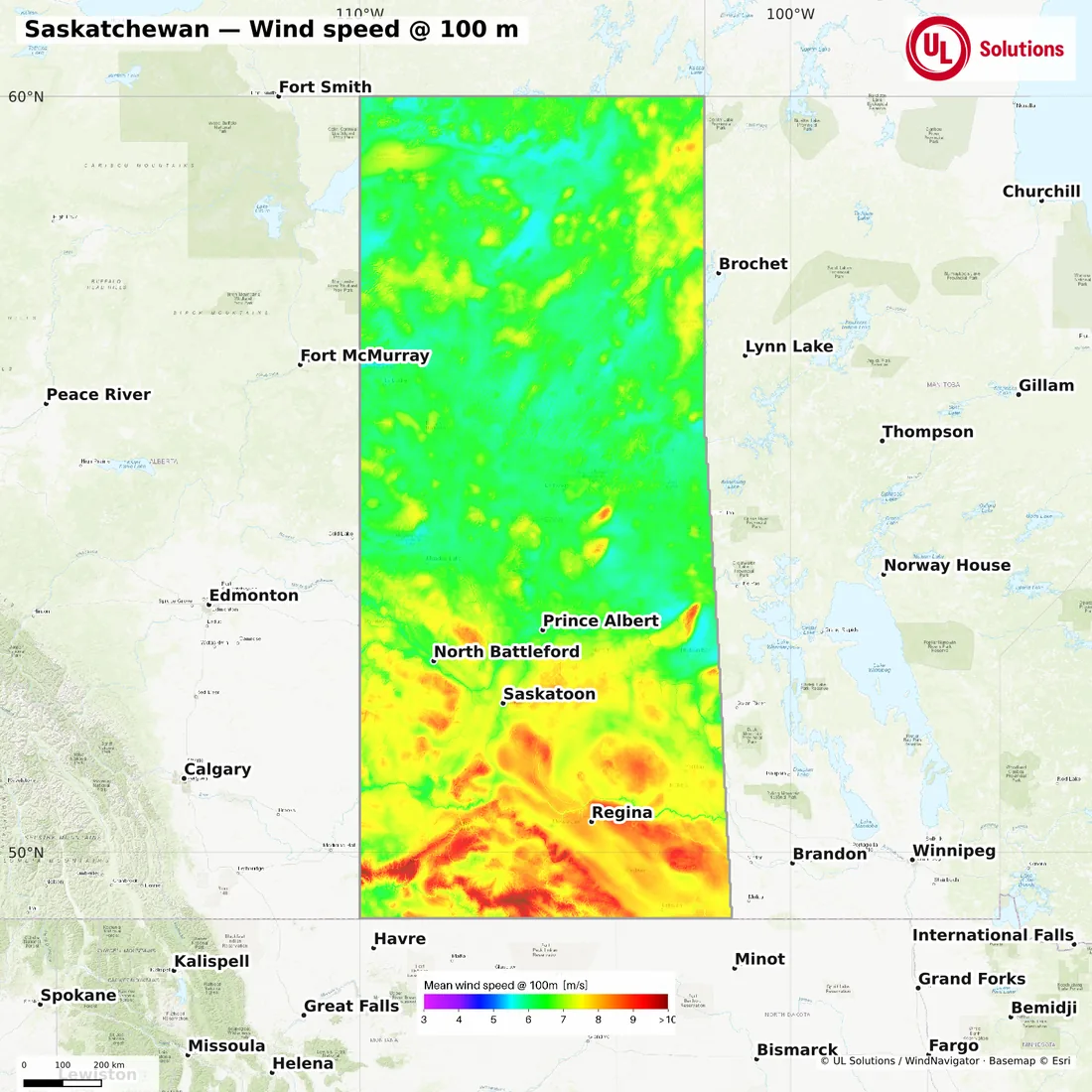 Wind speed map of Saskatchewan at 100m hub height