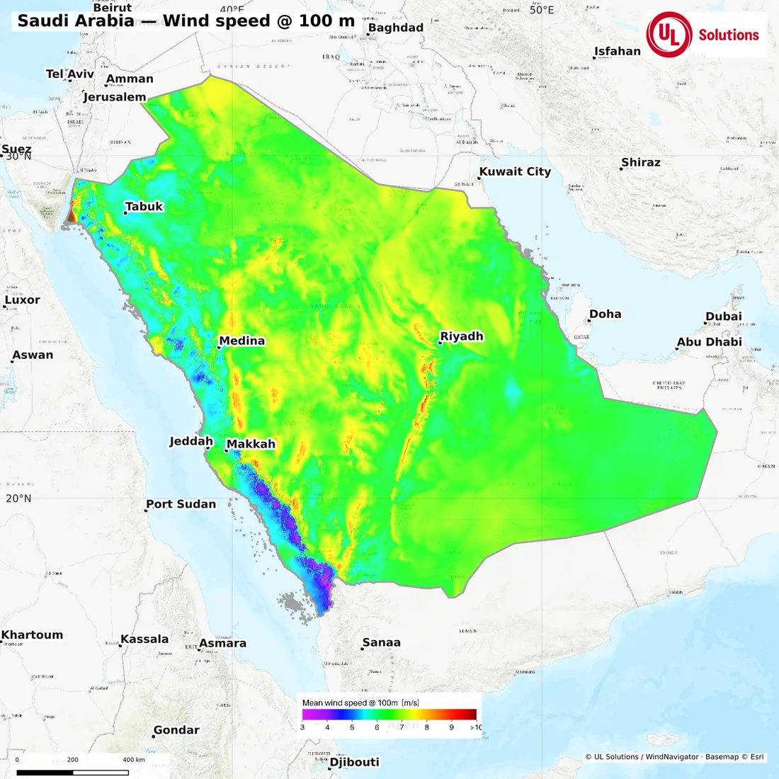 Wind speed map of Saudi Arabia at 100m hub height