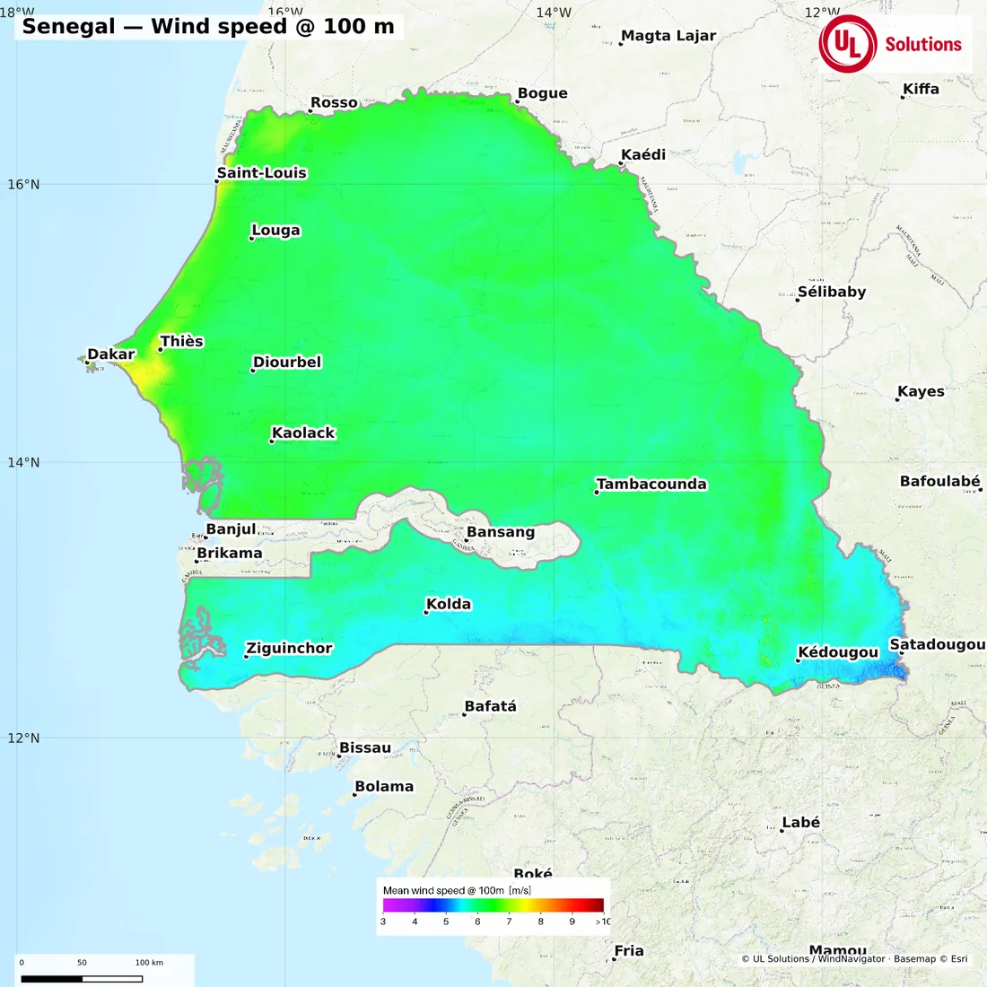 Wind speed map of Senegal at 100m hub height