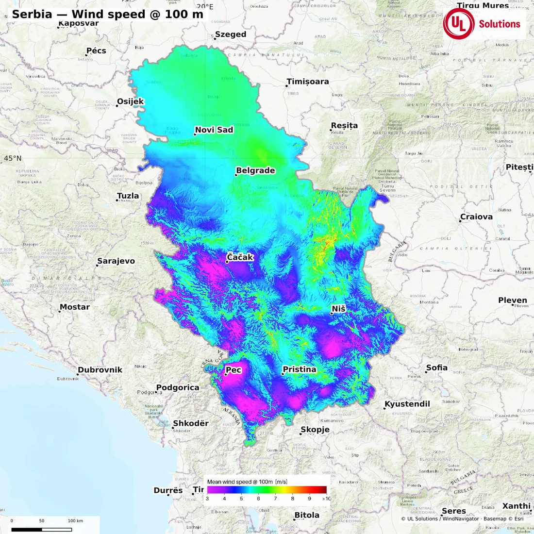 Wind speed map of Serbia at 100m hub height