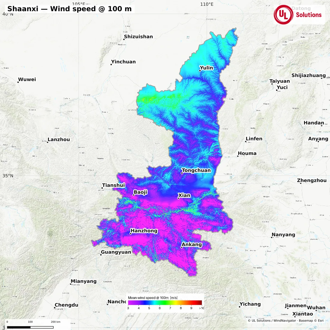 Wind speed map of Shaanxi at 100m hub height