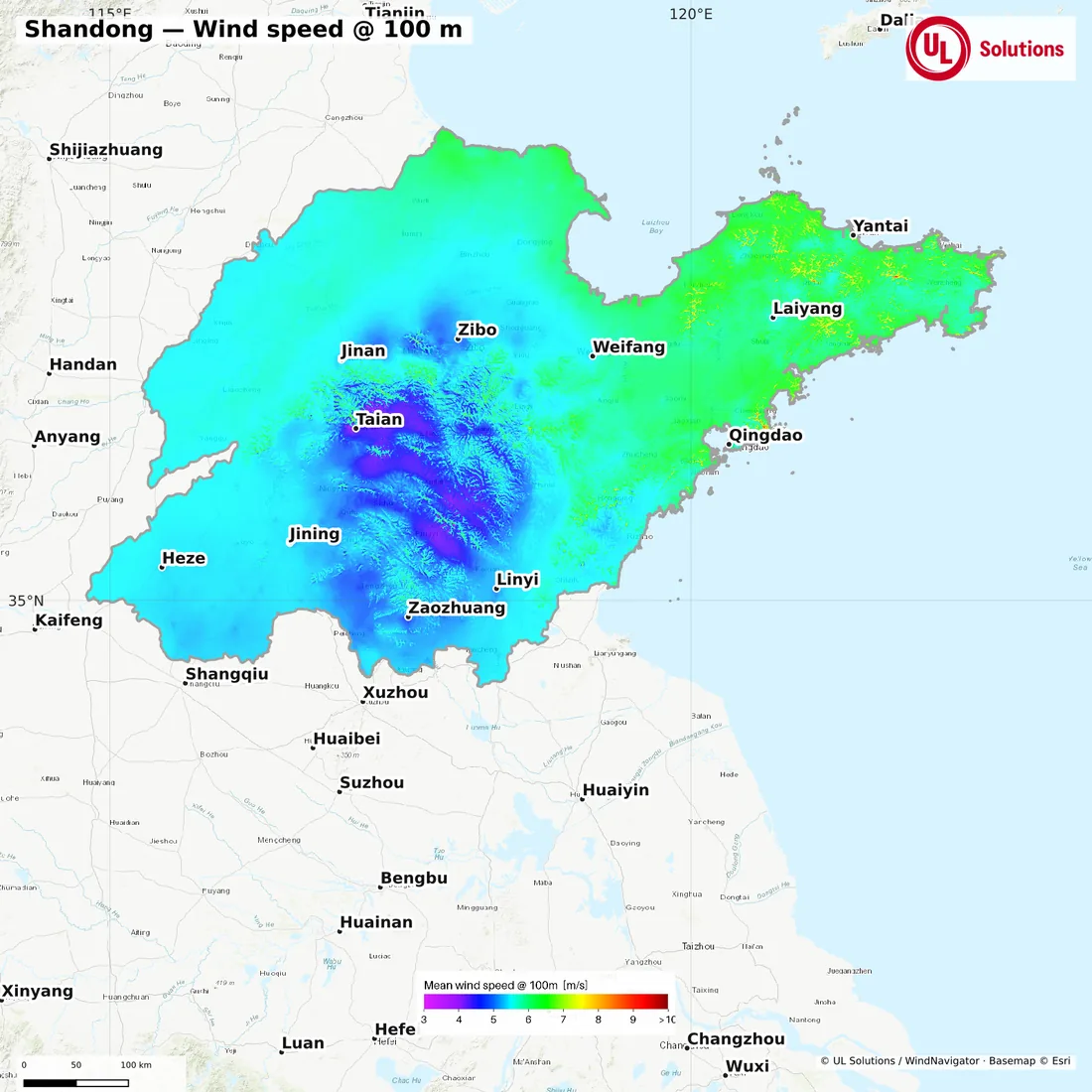 Wind speed map of Shandong at 100m hub height