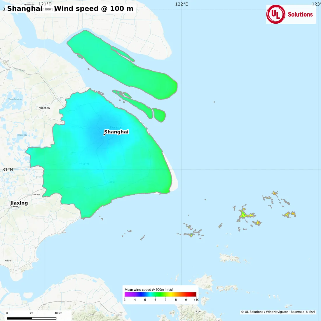 Wind speed map of Shanghai at 100m hub height