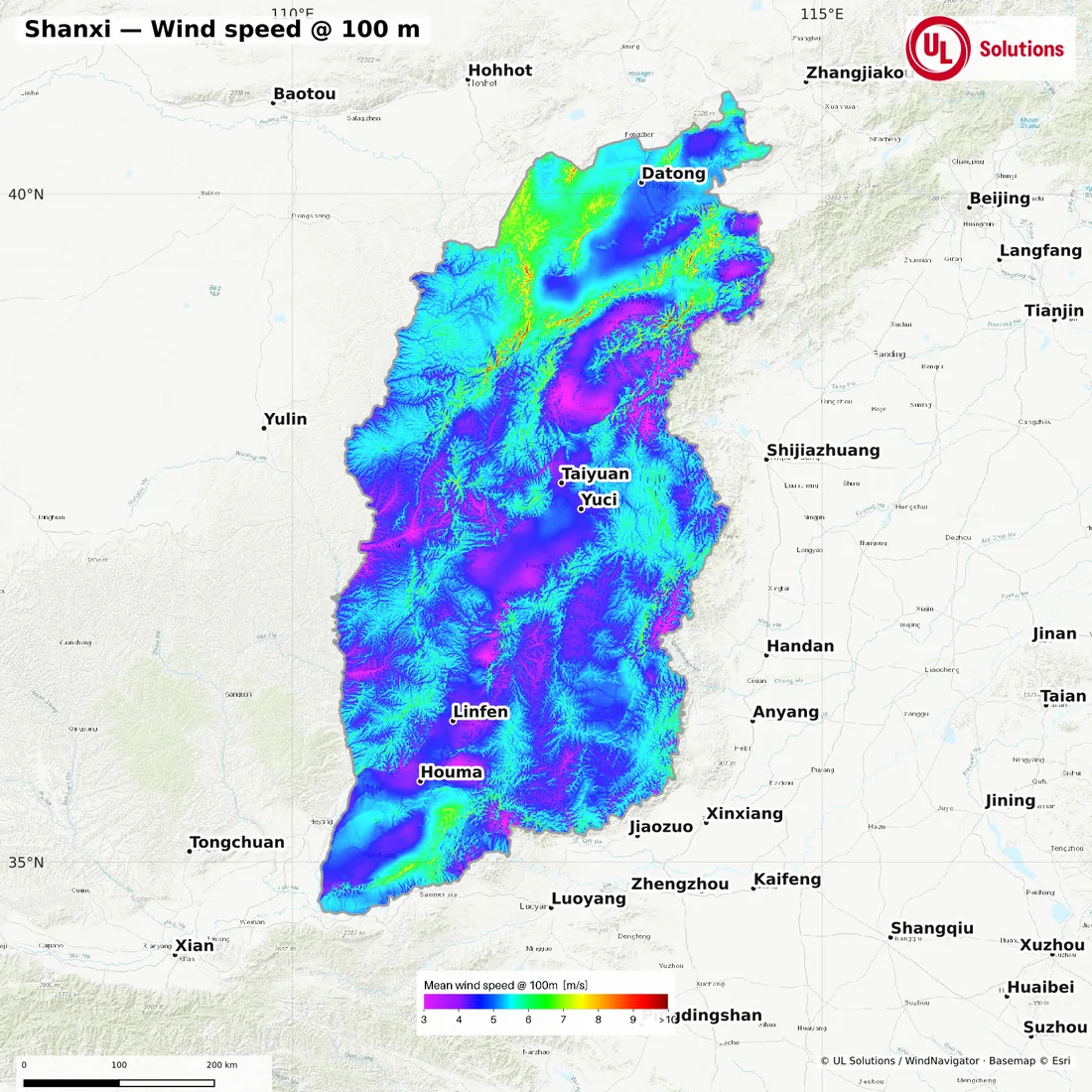 Wind speed map of Shanxi at 100m hub height