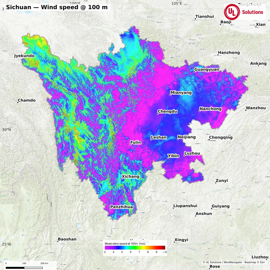 Wind speed map of Sichuan at 100m hub height