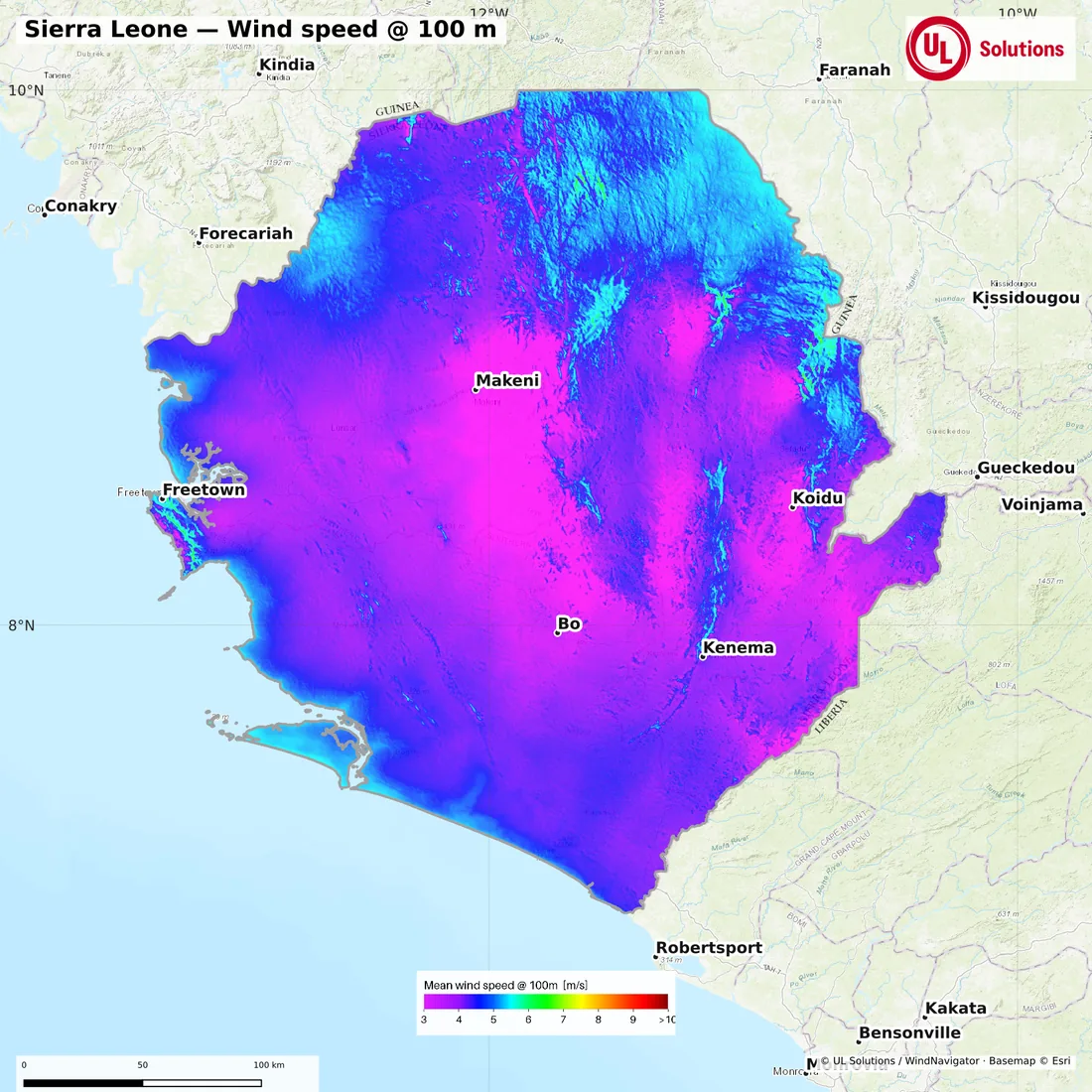 Wind speed map of Sierra Leone at 100m hub height