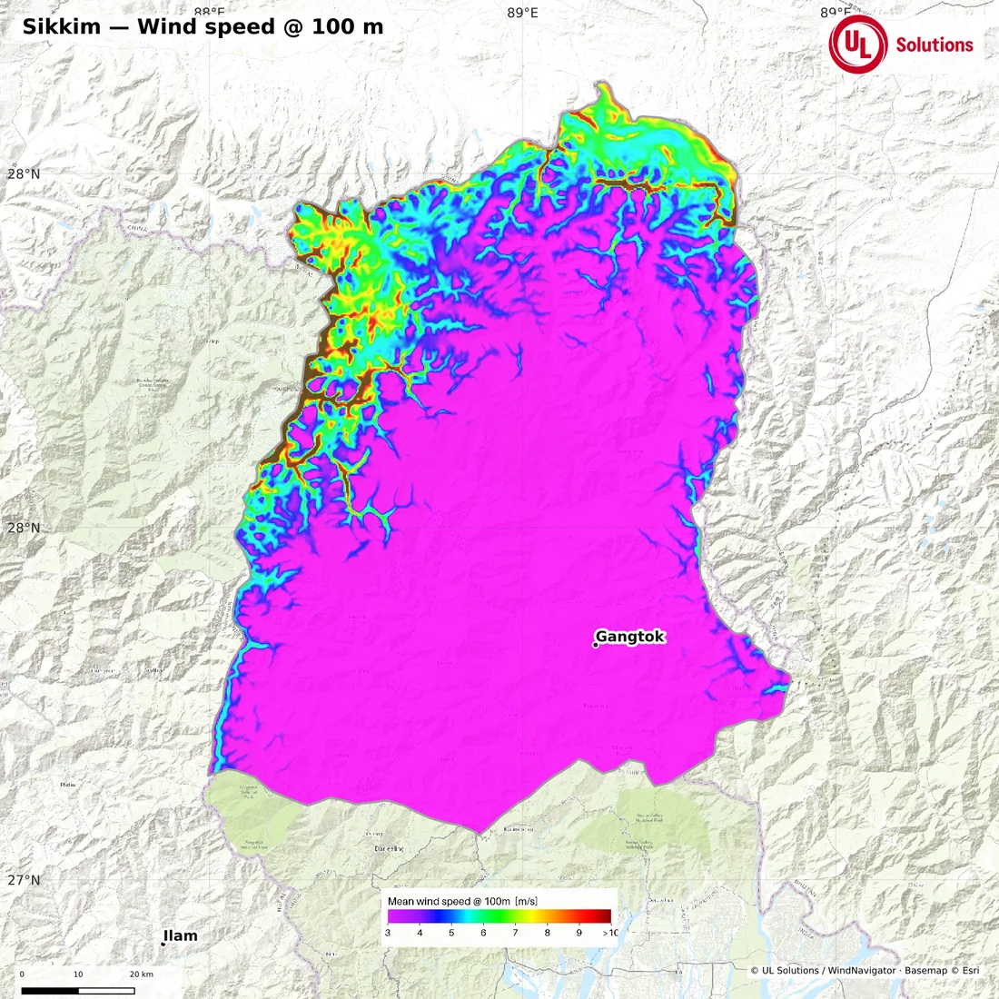 Wind speed map of Sikkim at 100m hub height