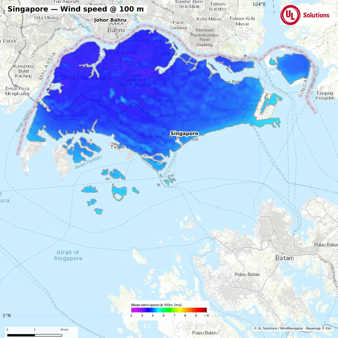 Wind speed map of Singapore at 100m hub height