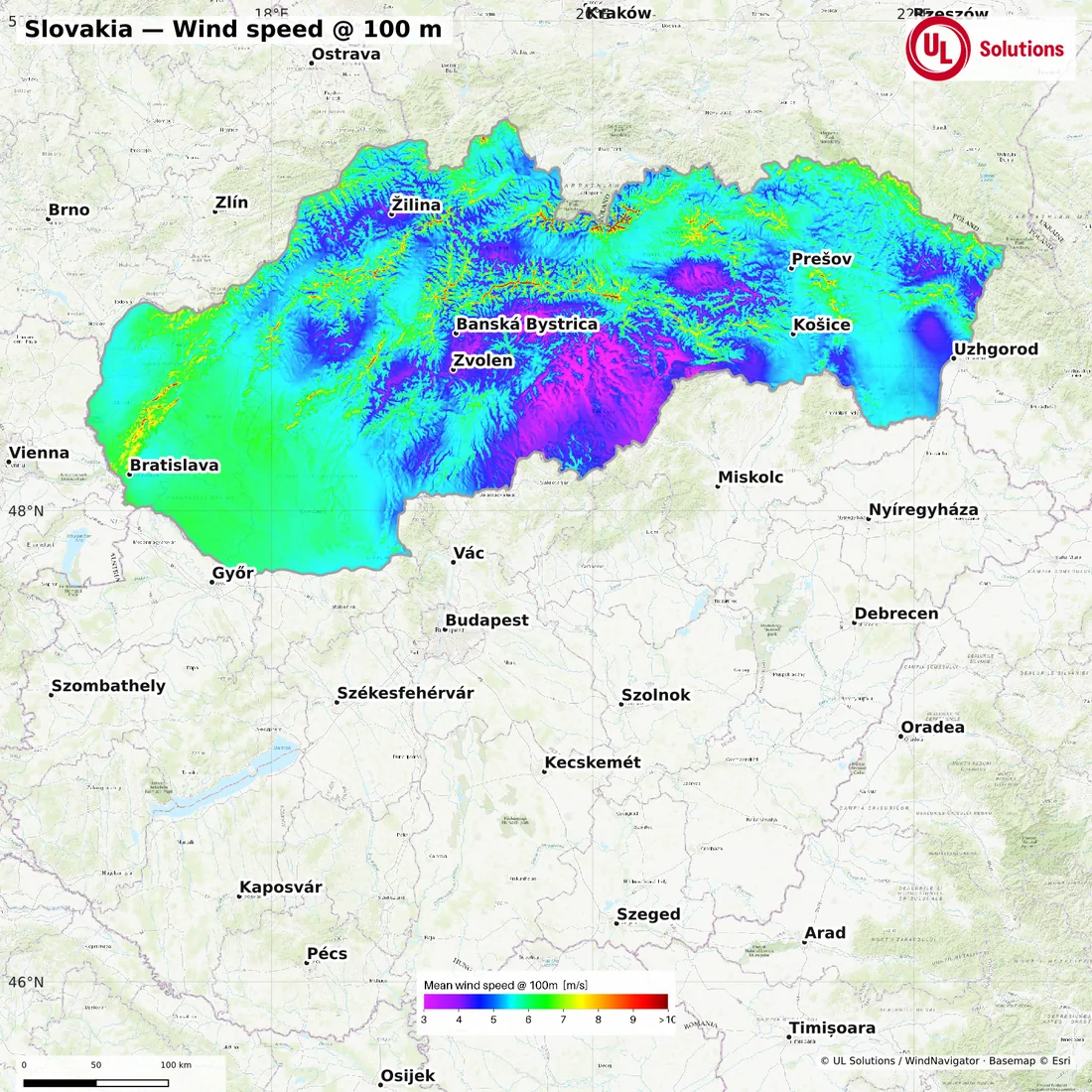 Wind speed map of Slovakia at 100m hub height
