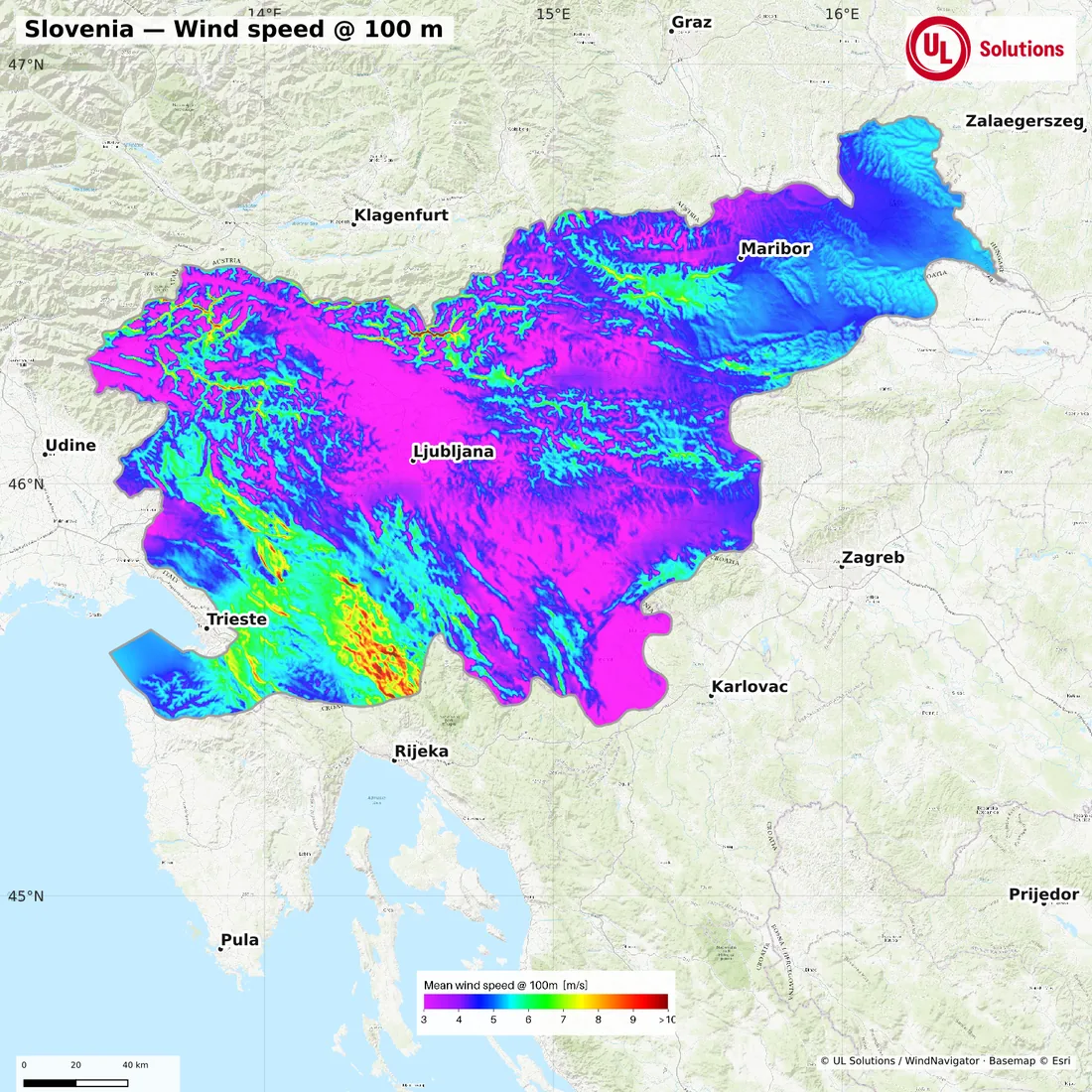 Wind speed map of Slovenia at 100m hub height