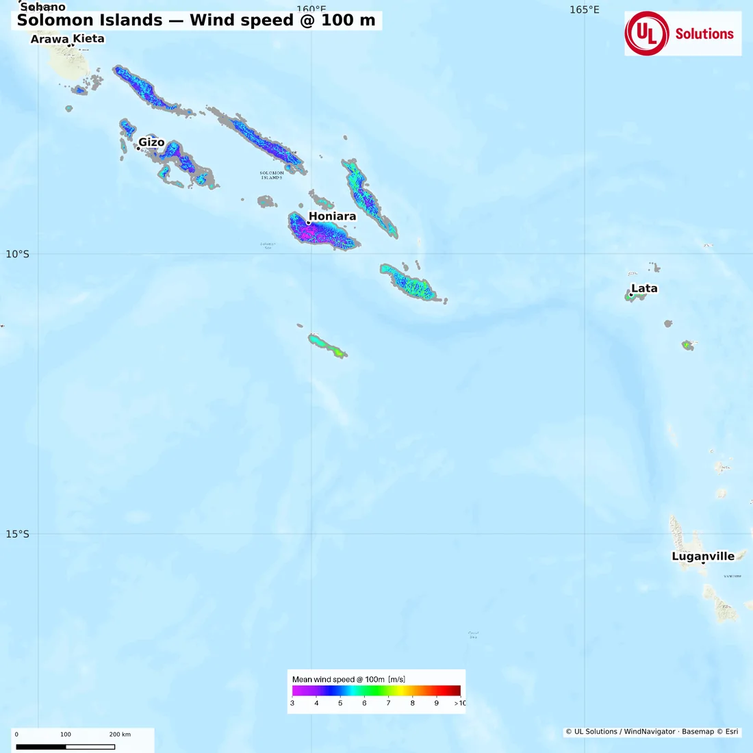 Wind speed map of Solomon Islands at 100m hub height
