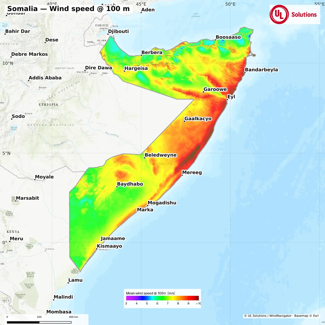 Wind speed map of Somalia at 100m hub height
