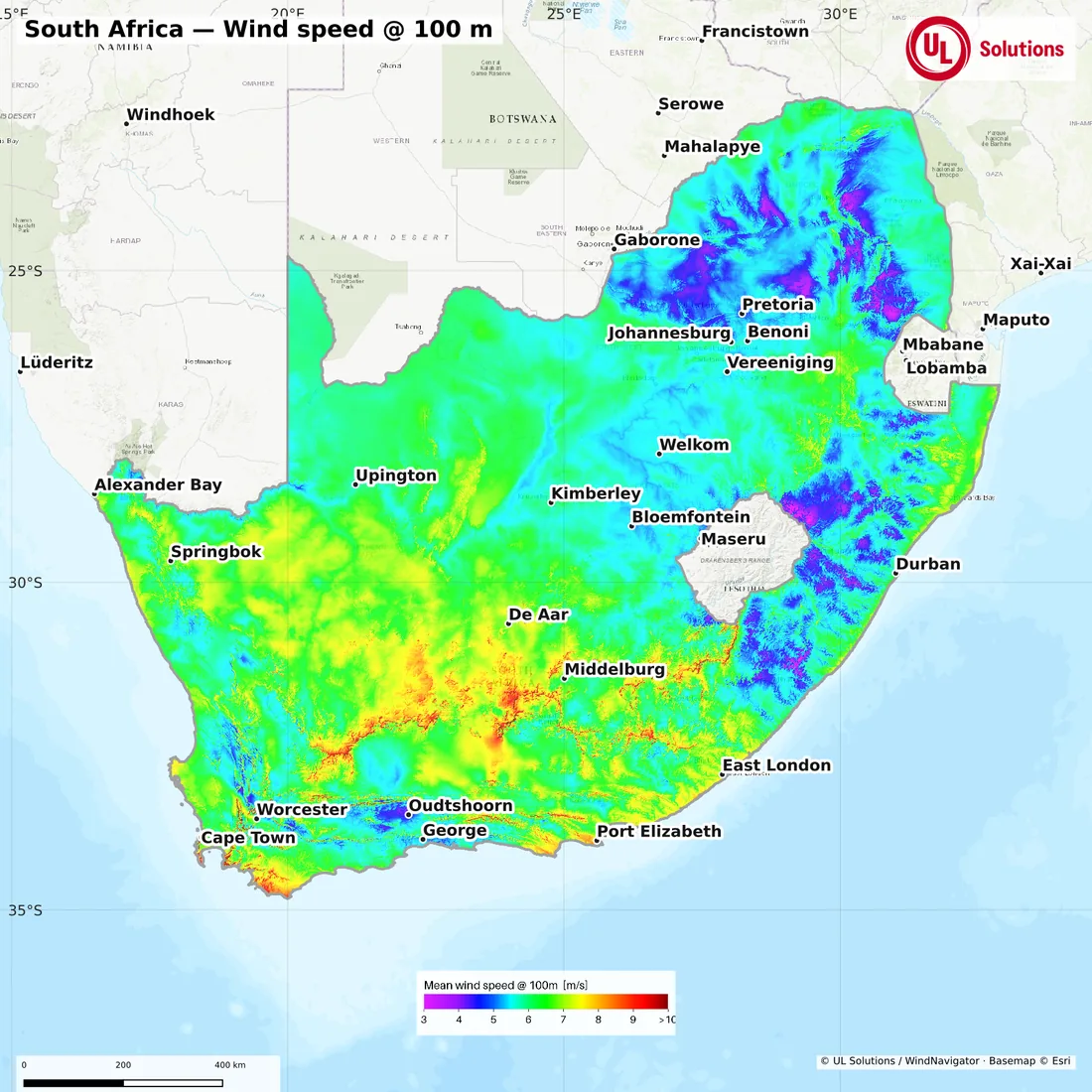 Wind speed map of South Africa at 100m hub height