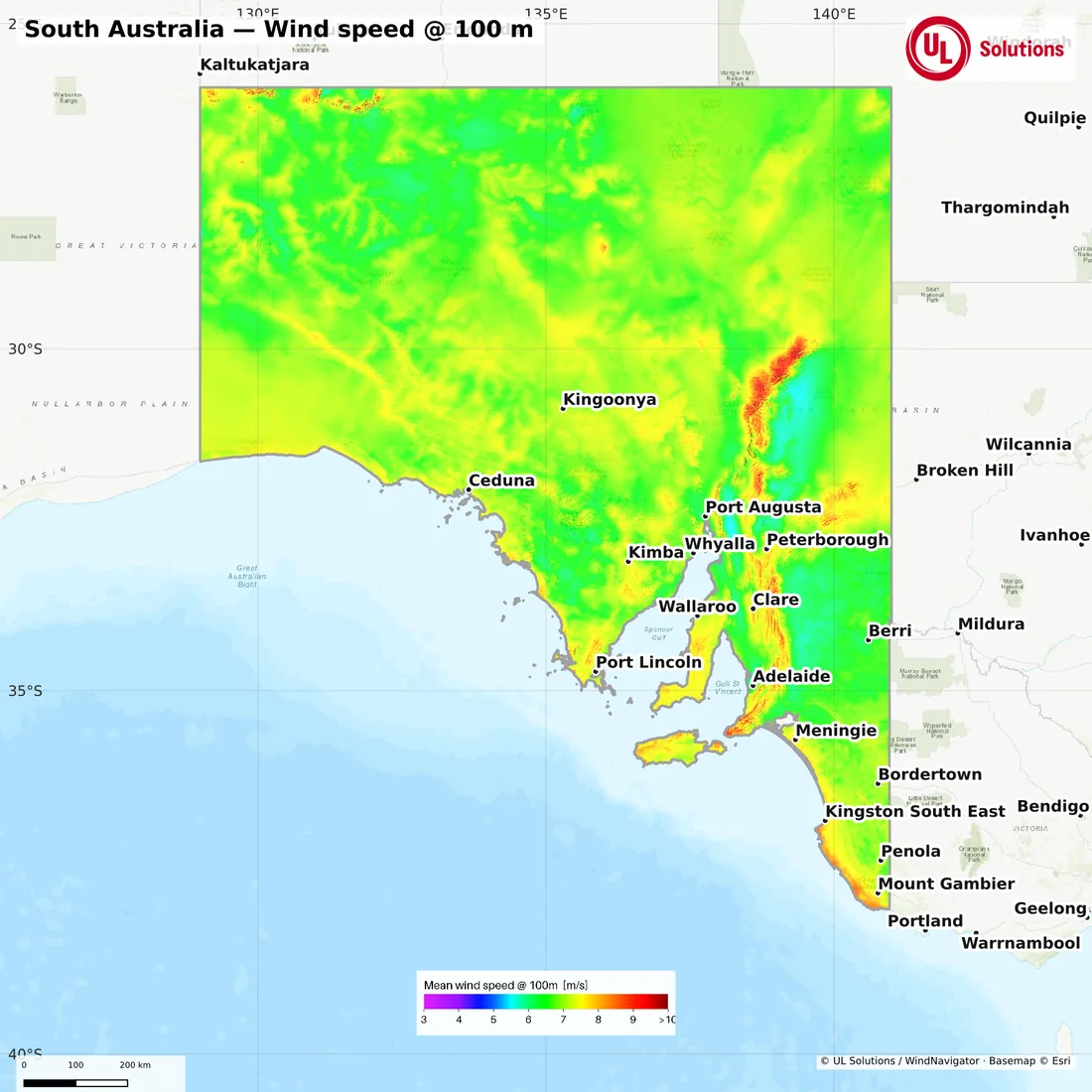 Wind speed map of South Australia at 100m hub height