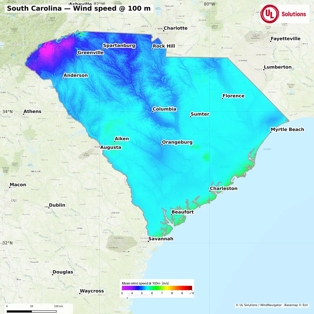 Wind speed map of South Carolina at 100m hub height
